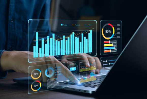 a graph of analytics and measures popping up from a laptop