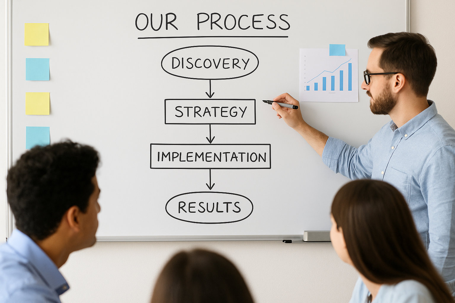 Mergid Digital Marketing four‑step process for Toronto businesses: discovery, planning, implementation, reporting.