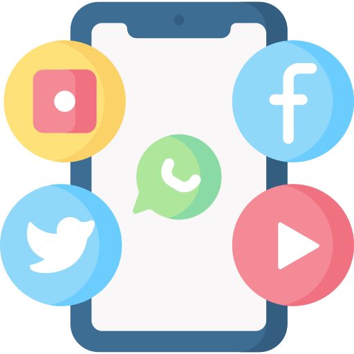 a graphic cell phone with facebook, twitter, youtube and whatsapp icons