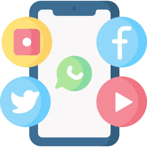 a graphic cell phone with facebook, twitter, youtube and whatsapp icons