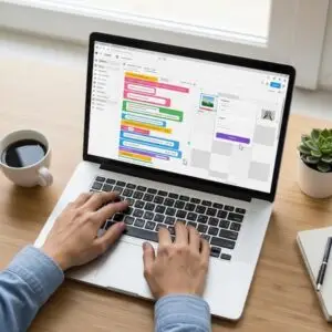 a man working on his laptop, building a website