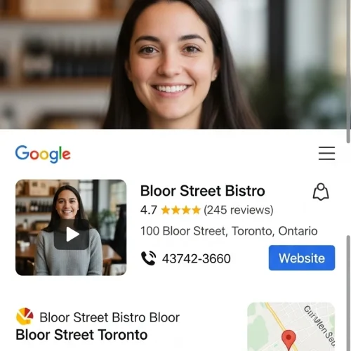 Google search showing a Toronto small business video embedded in local results – local SEO video marketing 2025