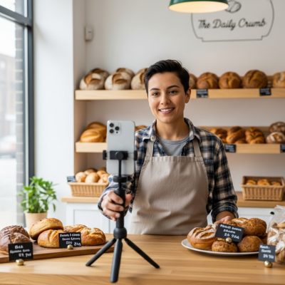 Toronto small business owner recording short-form marketing video with smartphone in a bakery – video marketing Toronto 2025