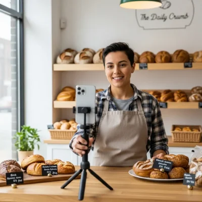 Toronto small business owner recording short-form marketing video with smartphone in a bakery – video marketing Toronto 2025